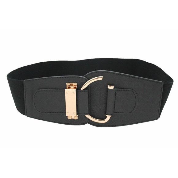Women Gold Metal Hook Buckle Black Belt Wide Elastic Fabric Hip Waist Size L XL - Picture 10 of 13